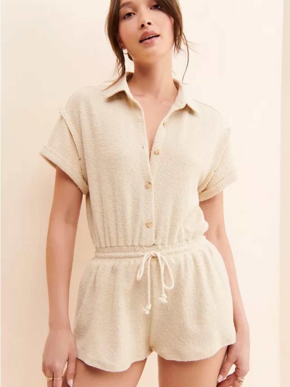 Urban Outfitters Cream Terry Cloth Short Sleeve Drawstring Romper